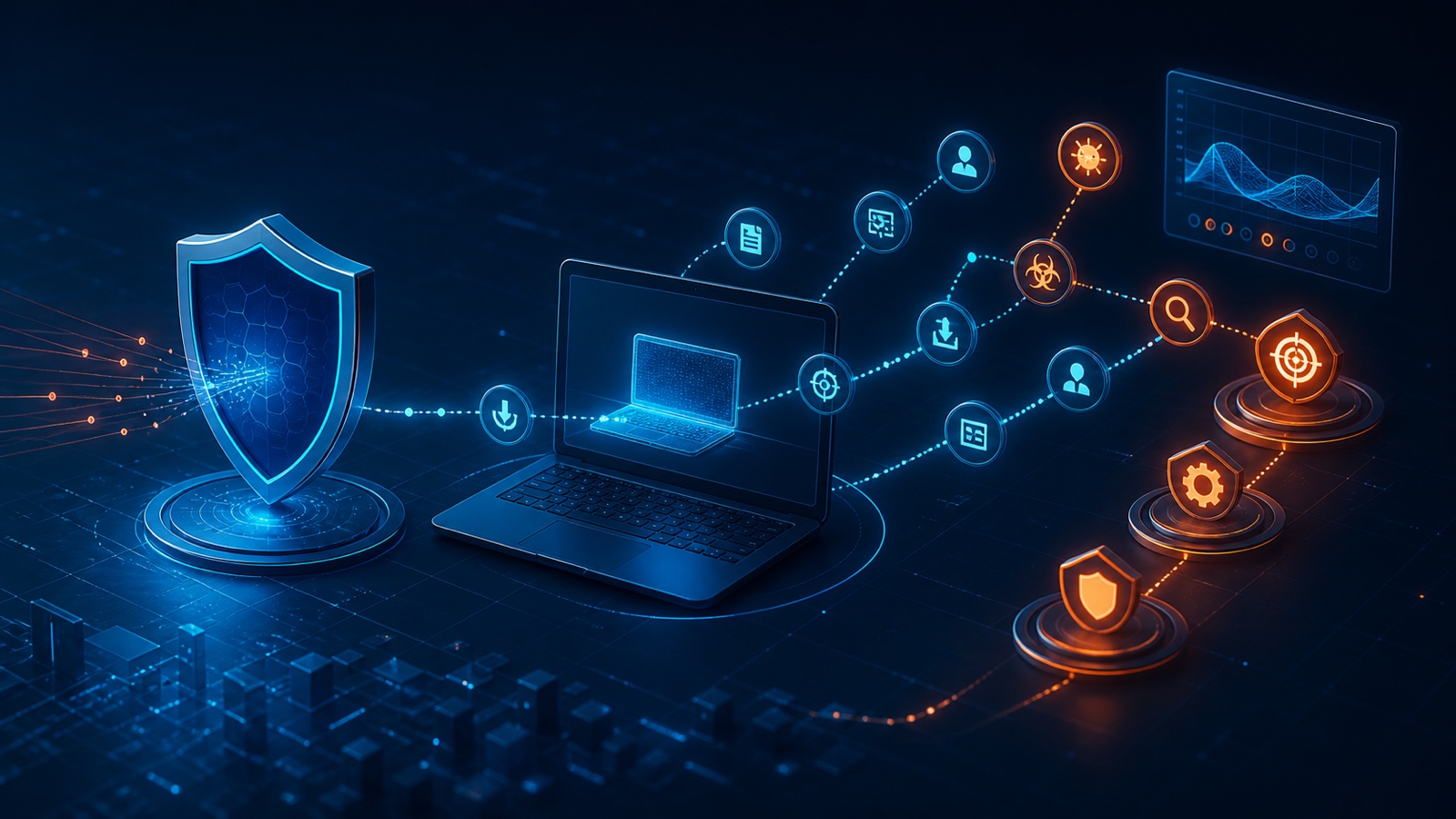 Protección antivirus y plataforma EDR observando eventos y acciones en un equipo