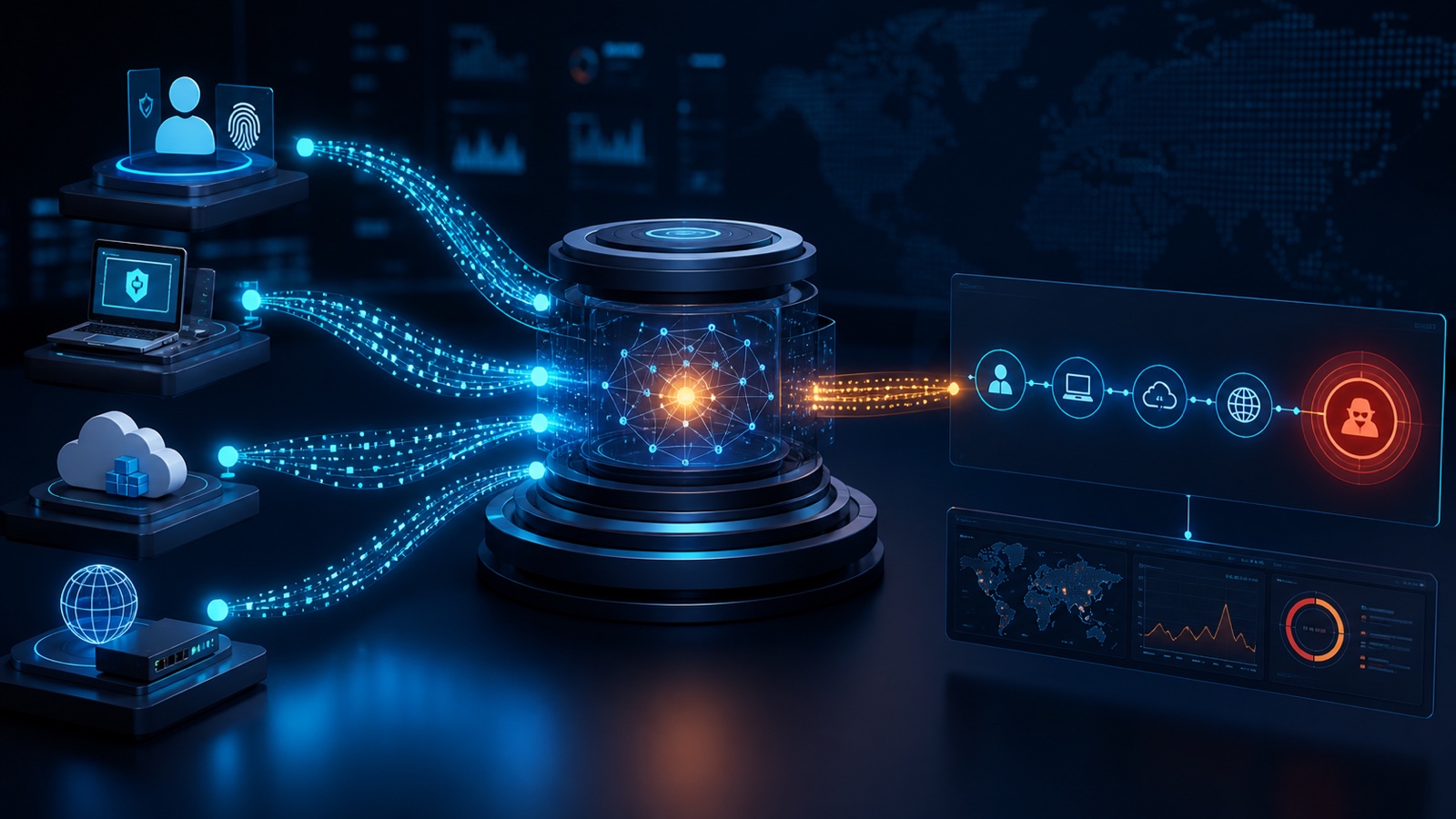 Fuentes de identidad, endpoints, cloud y red enviando eventos a un SIEM que los correlaciona