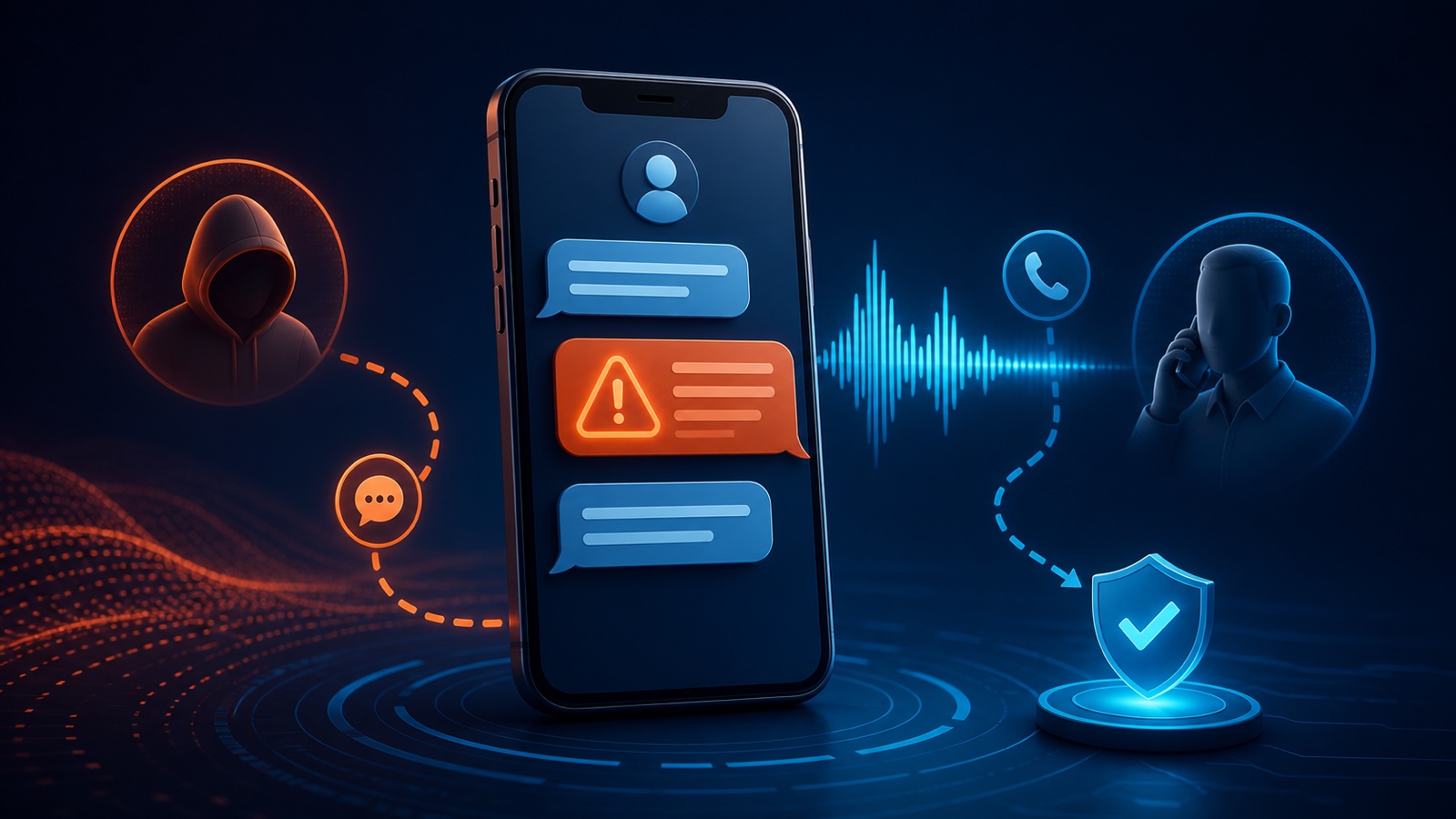 Teléfono móvil mostrando un SMS sospechoso y una llamada que deben verificarse por un canal seguro